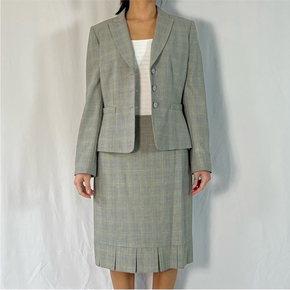 Tahari Arthur S. Levine Grey and Green Plaid Skirt Suit, Pleated Hem